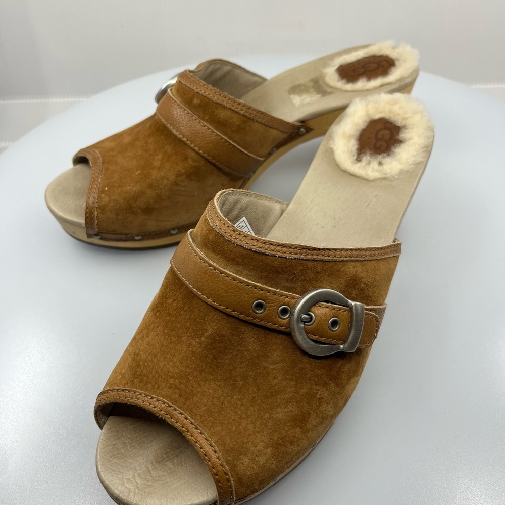 Sabots UGG Australia Women Open Toe BEIGE CAMEL Suede Mule Clogs Sherpa Heels